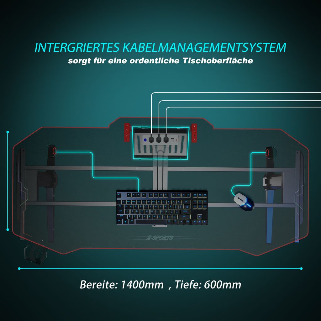 SONNI biurko gamingowe 140×75×60 cm z oświetleniem RGB 7 Zdjęcie produktu 6