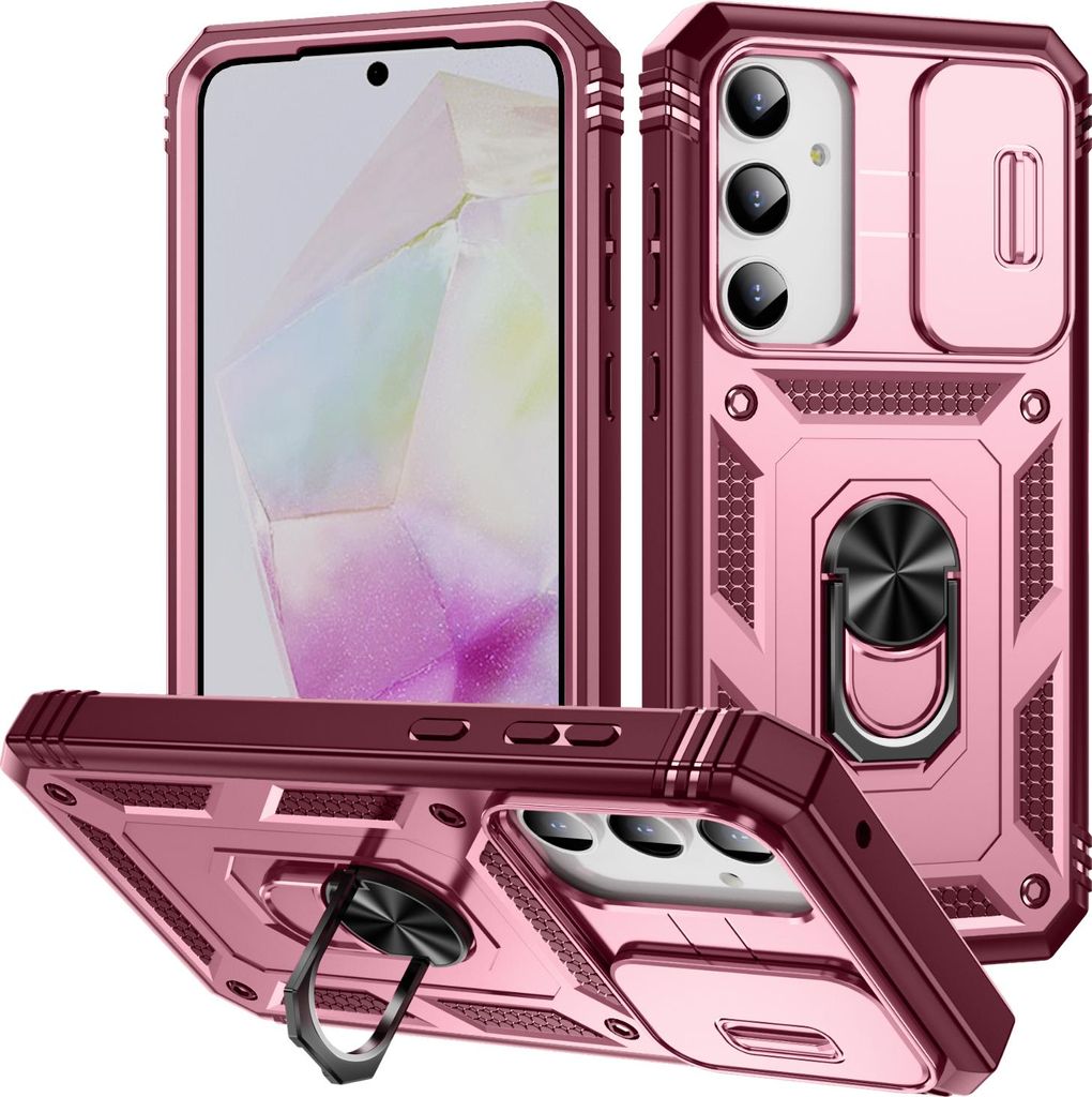 Hülle für Samsung Galaxy A55, Schiebe Kamera Schutz Stoßfest Schutzhülle mit Ringhalterung Ständer Rosa