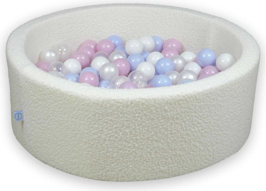 Bällebad 90x30 Boucle Weiß – Mit 200 Bällen / transparent, weiß, perlmutt, babyrosa perlmutt, babyblau perlmutt