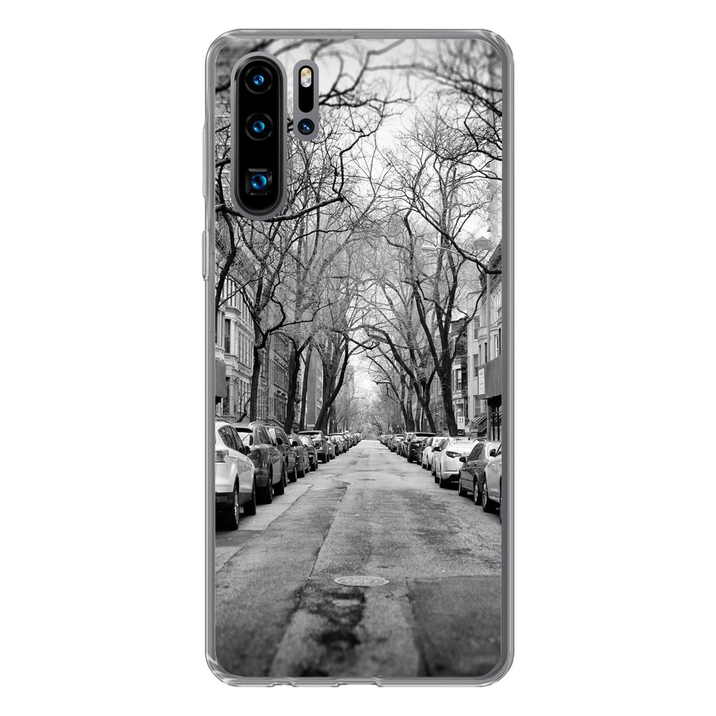 MuchoWow Handyhülle Schutzhülle Hülle für Huawei P30 Pro Geparkte Autos in New York - schwarz und weiß Silikon Softcase Handy Hülle - Schut...