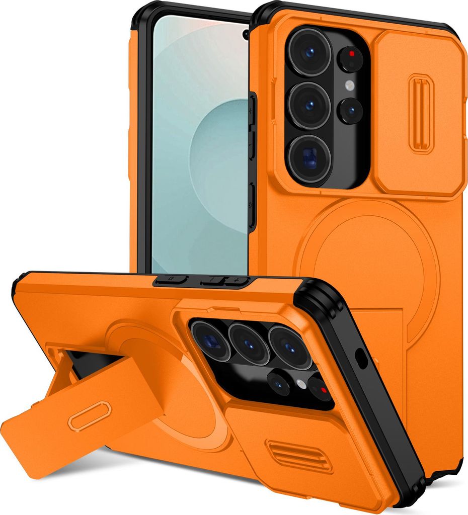 Magnetisch Hülle für Samsung Galaxy S26 Ultra, Dual Layer Stoßfest Handyhülle mit Dia Kameraschutz, Verstellbarem Ständer Orange