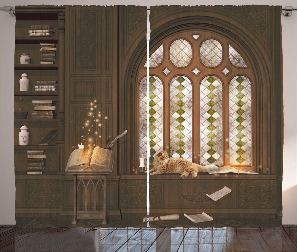 ABAKUHAUS Bibliothek Rustikaler Gardine, Mittelalterliche Bibliothek Katze, Schlafzimmer Kräuselband Vorhang mit Schlaufen und Haken, 280 x 175 cm...