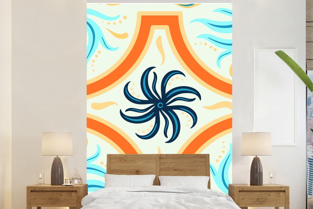 MuchoWow Fototapete für Wohnzimmer oder Schlafzimmer Wandtapete Vinyl Motivtapete Blume - Rahmen - Orange - Blau - 225x350 cm - Schlafzimmer tapete