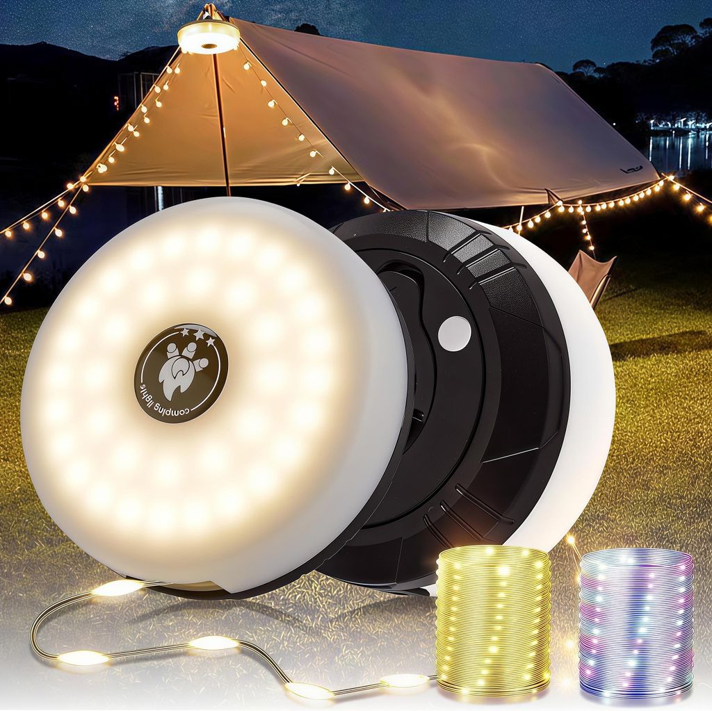 2er 3-in-1 Camping Lichterkette Aufrollbar,5 Leuchtmodi,3 Modi,Tragbare LED Campinglampe,USB wiederaufladbar Campingleuchte,Lichterketten außen 10m