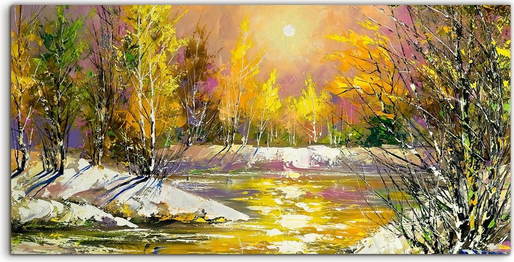 Coloray Canvas 100x50 Wandbild Leinwand Bilder kunst Herbst Landschaft am Fluss ufer