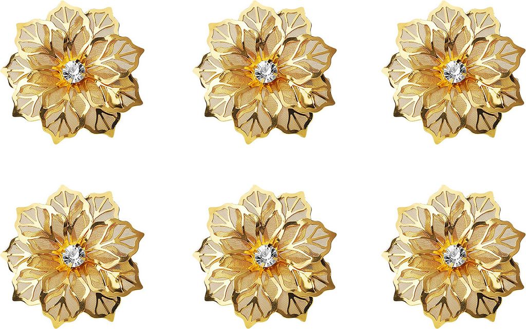 6er-Set Serviettenringe mit hohler Blume, mit Strasssteinen verziert, elegante Tischdekoration aus Edelstahl, ideal für Hochzeiten und Feiern.