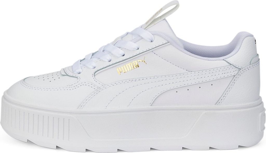 A white Puma sneaker with a platform sole is shown from the side against a white background.