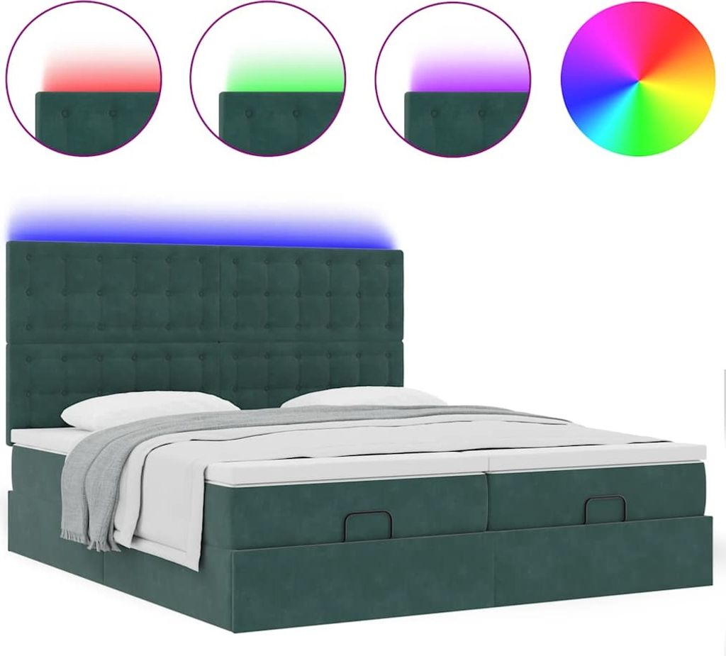 Ottoman-Bett mit Matratzen & LEDs Dunkelgrün 200x200 cm Samt