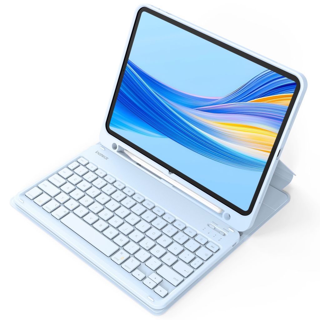 A light blue tablet with a keyboard case attached, shown from a slightly elevated angle against a white background.