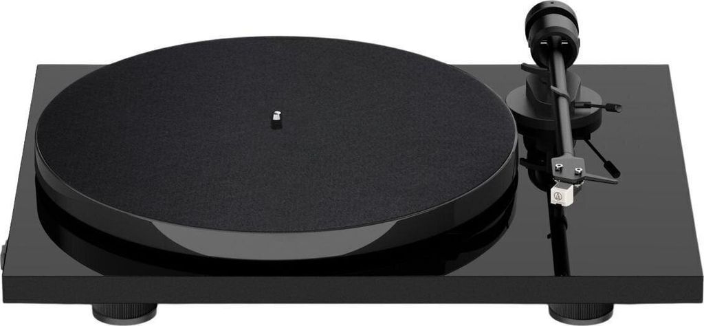 A black turntable is shown from a front-facing, slightly elevated angle against a white background.