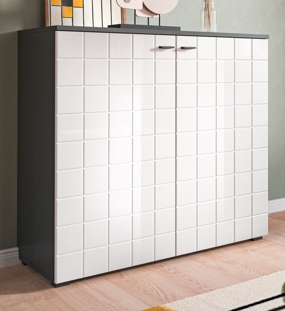 Kommode "Hakon" in weiß Hochglanz und grau Sideboard 92 x 86