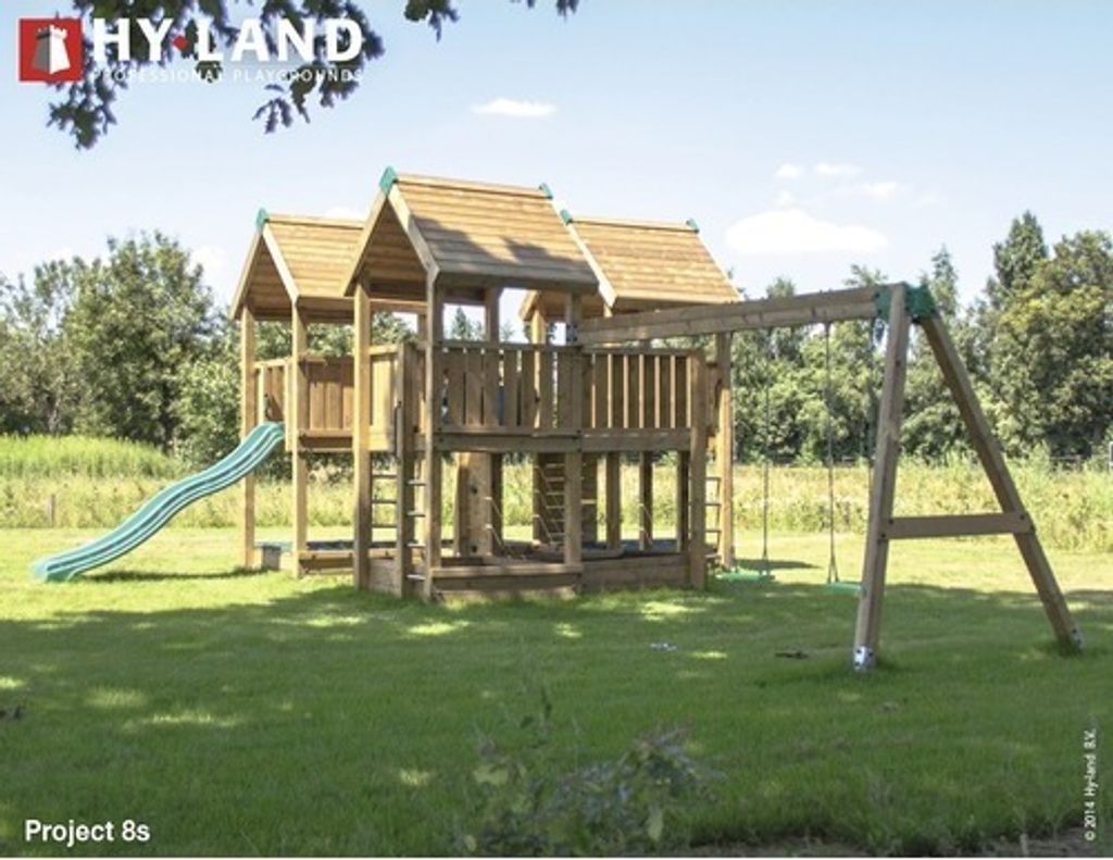 Spielturm Hyland Projekt 8S Holz mit Sandkasten, Kletterwand, Doppelschaukel, Rutsche grün