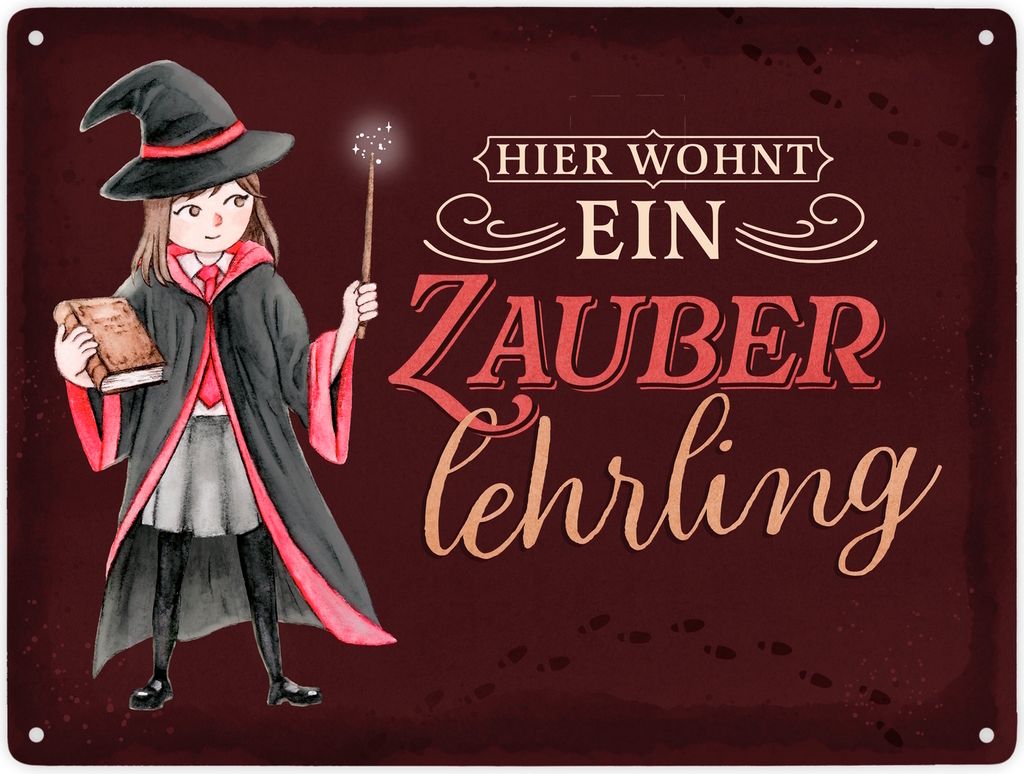 Zauberschülerin Metallschild XXL in 28x38 cm in rot mit dunklem Hintergrund und