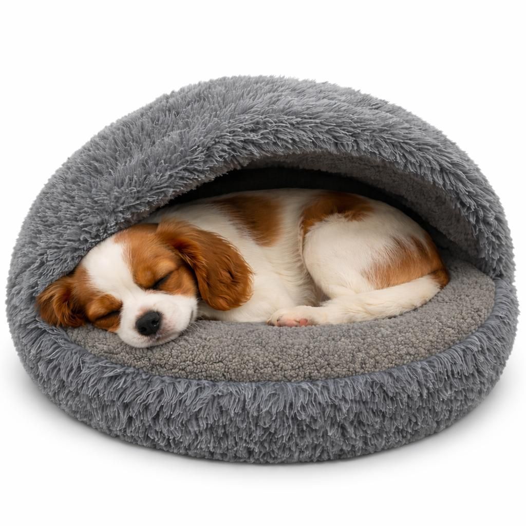 A small dog sleeping in a round, hooded pet bed.
