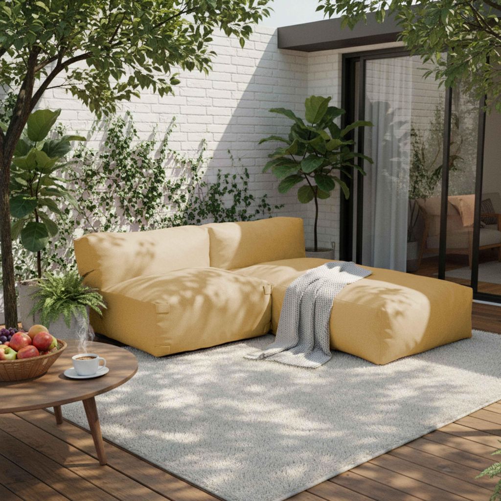 Modulare 2-Sitzer-Gartenmöbel mit hellgelber Chaiselongue - Oviala Mixi