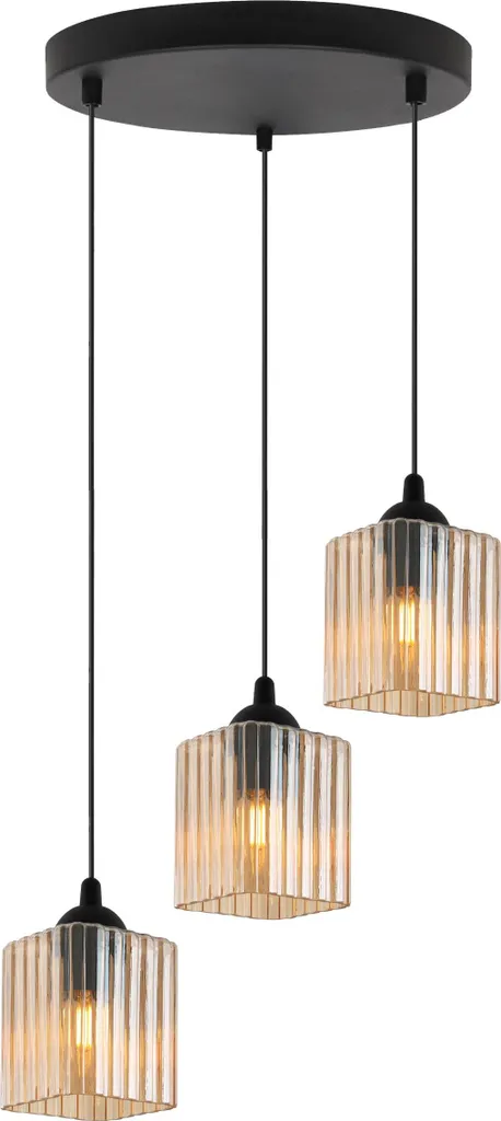 Suspension Riffle noir 3 flammes E27 OW et abat-jour cube miel