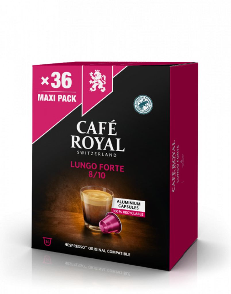 A box of Café Royal Lungo Forte coffee capsules.