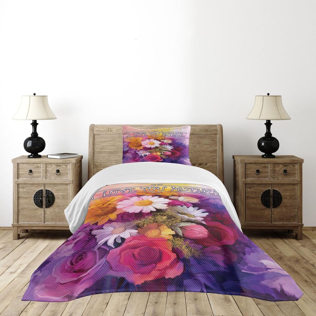 ABAKUHAUS Muttertag Tagesdecke Set, Aquarell-Zeichnung mit blühenden Rosen Gänseblümchen und Ich liebe dich Mutter Zitat, 170 x 220 cm, Mehrfarbig