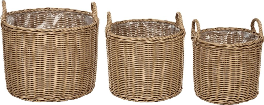 BELIANI Pflanzkorb Naturfarben Rattan 3er Set Rund Handgeflochten mit Folie Verschiedene Höhen Boho Gartenaccessoires Gartenzubehör Gartendekoration