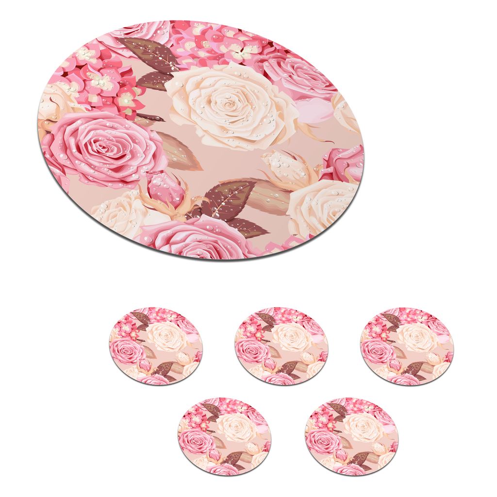 KitchenYeah Glasuntersetzer Rund 6er Set Rosen - Glitzer - Rosa - Weiß 10x10 cm Untersetzer für Gläser - Getränkeuntersetzer - Tischplattensc...