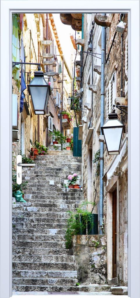 Stofftüraufkleber, Treppe, Straße mit Laternen, 702PD
