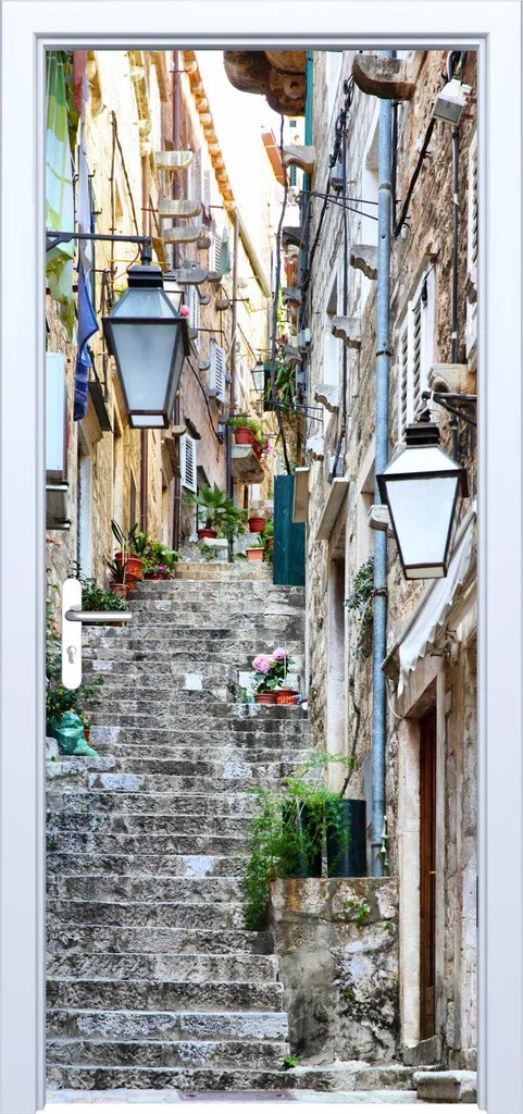 Adesivo Porta 3D Tessuto 702PD - Strada con Lanterne 77x200cm