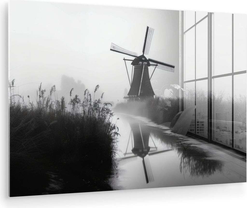 MuchoWow Glasbilder - Bilder auf Wandbild - Foto auf Glas Mühle - Spiegelung - Landschaft - Wasser 30x20 cm Wanddekoration aus Glas - Acrylglasbil...