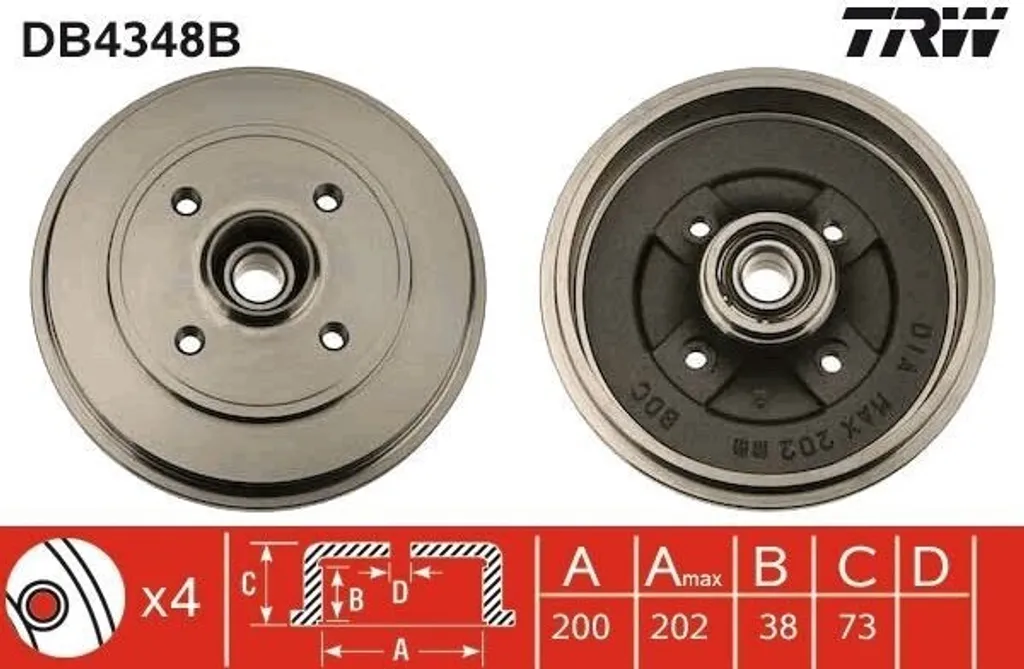 Tambour de frein arrière pour Agila A : kit avec roulement TRW DB4348B