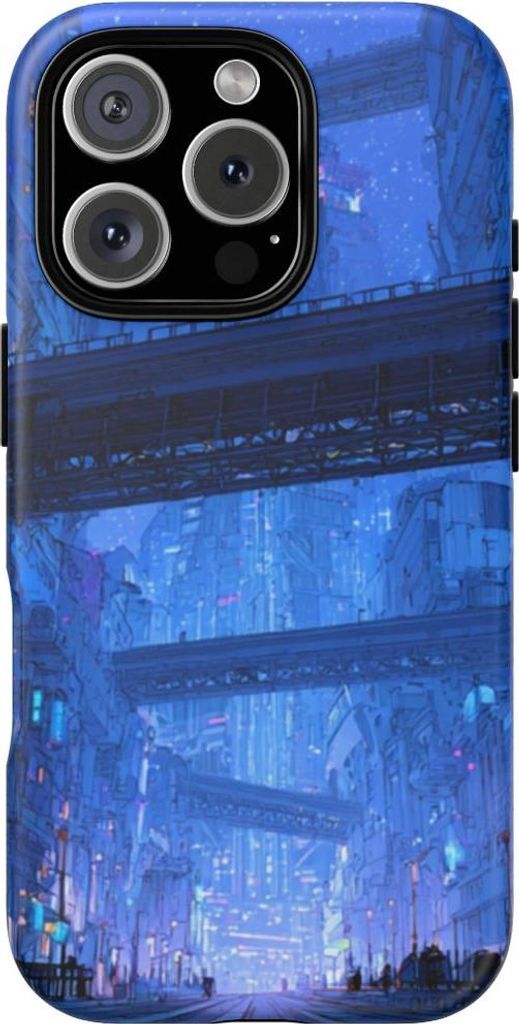 Futuristische blaue Großstadt – Hülle Kompatibel mit iPhone 16 Pro