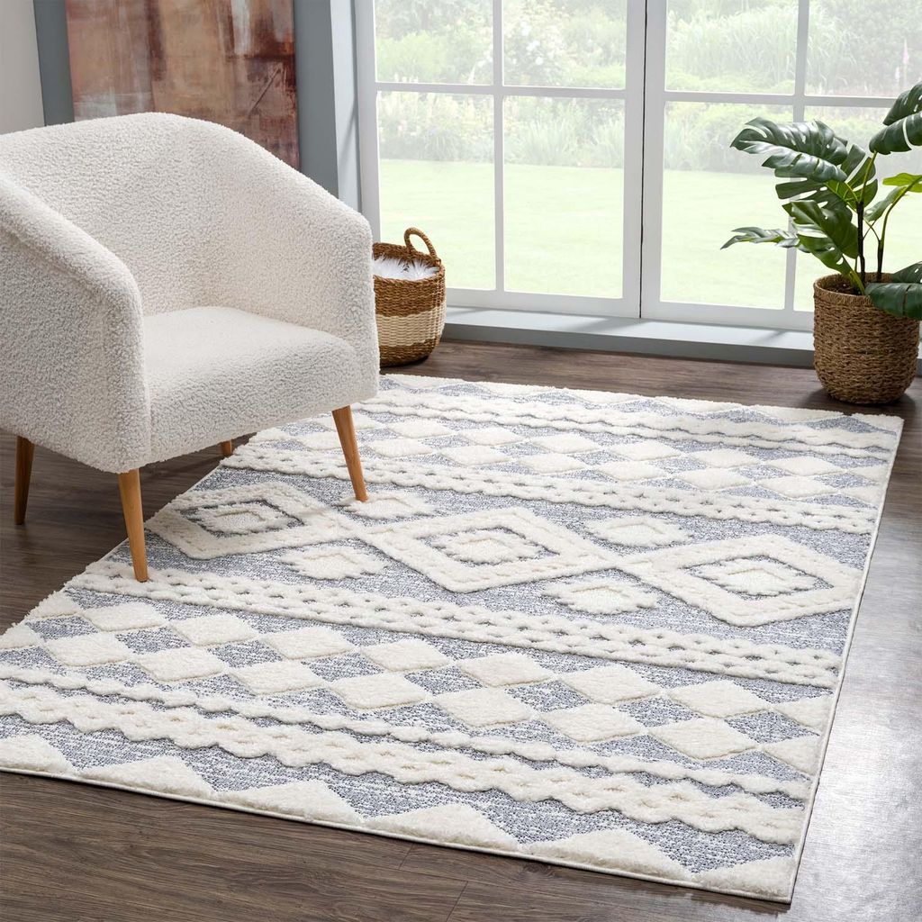 Teppich Hochflor Wohnzimmer - 120x170 cm - Landhaus Ethno Creme - Hochtief-Muster/ 3D-Effekt