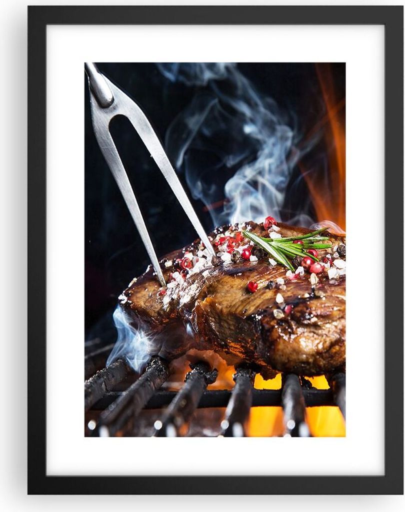 Gerahmtes Poster - Schwarzer Rahmen - Steak Grill Flammen Essen - 30x40 cm - Wand Bild - Wanddeko - Wandbilder - Wandposter - Bilderrahmen - Bilder...