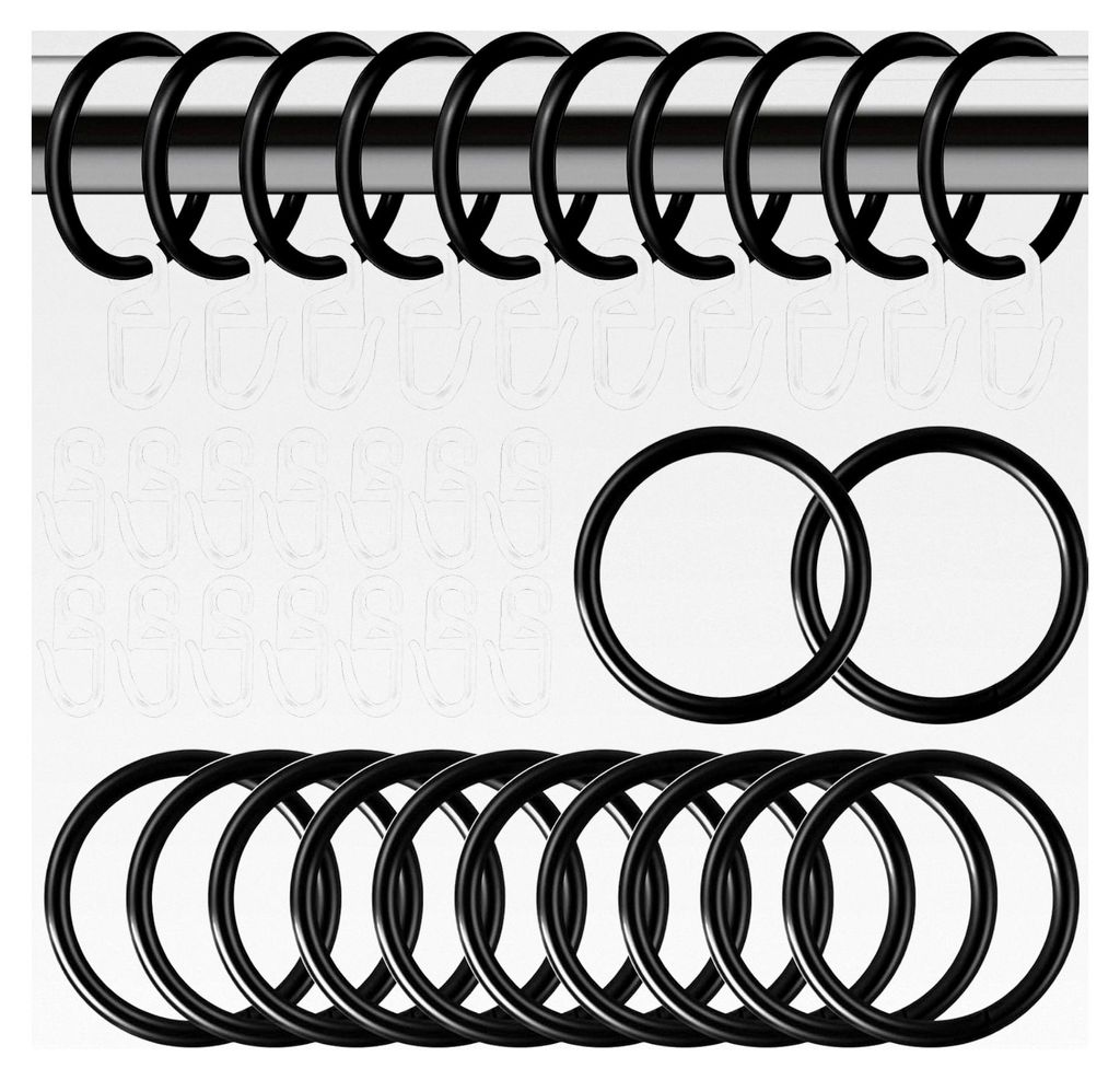 40 Stück Metall 30 mm Vorhangringe mit 80 Stück Kunststoff Gardinenhaken in Schwarz und Transparent für Vorhänge und Duschvorhänge