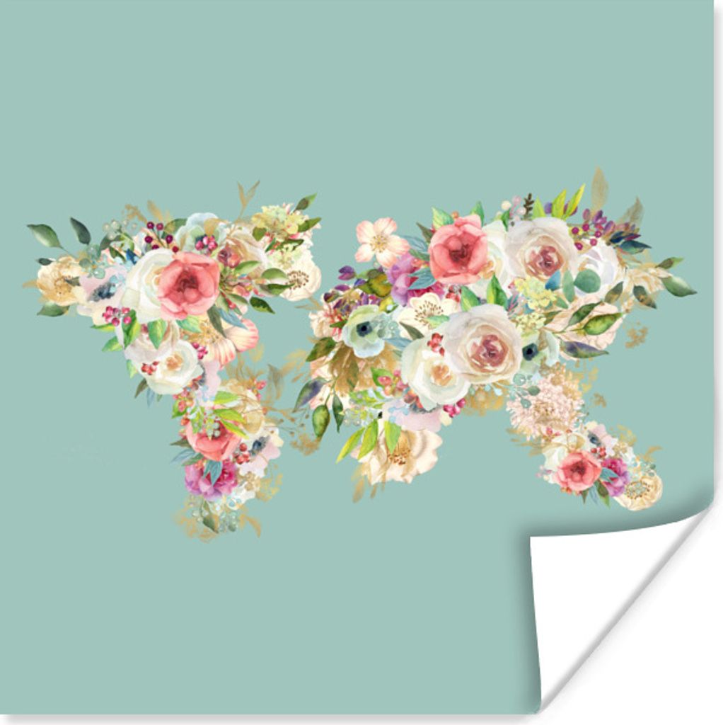 MuchoWow Poster Karte - Welt - Rosen - Grün 75x75 cm - Wand Dekoration