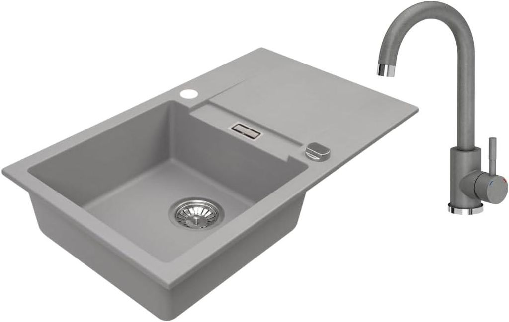 VBChome Granitspüle 76 x 44 cm Grau mit Armatur Einzelbecken Einbauspüle Reversibel Gesprenkelt Pflegeleichtes Spülbecken mit Siphon