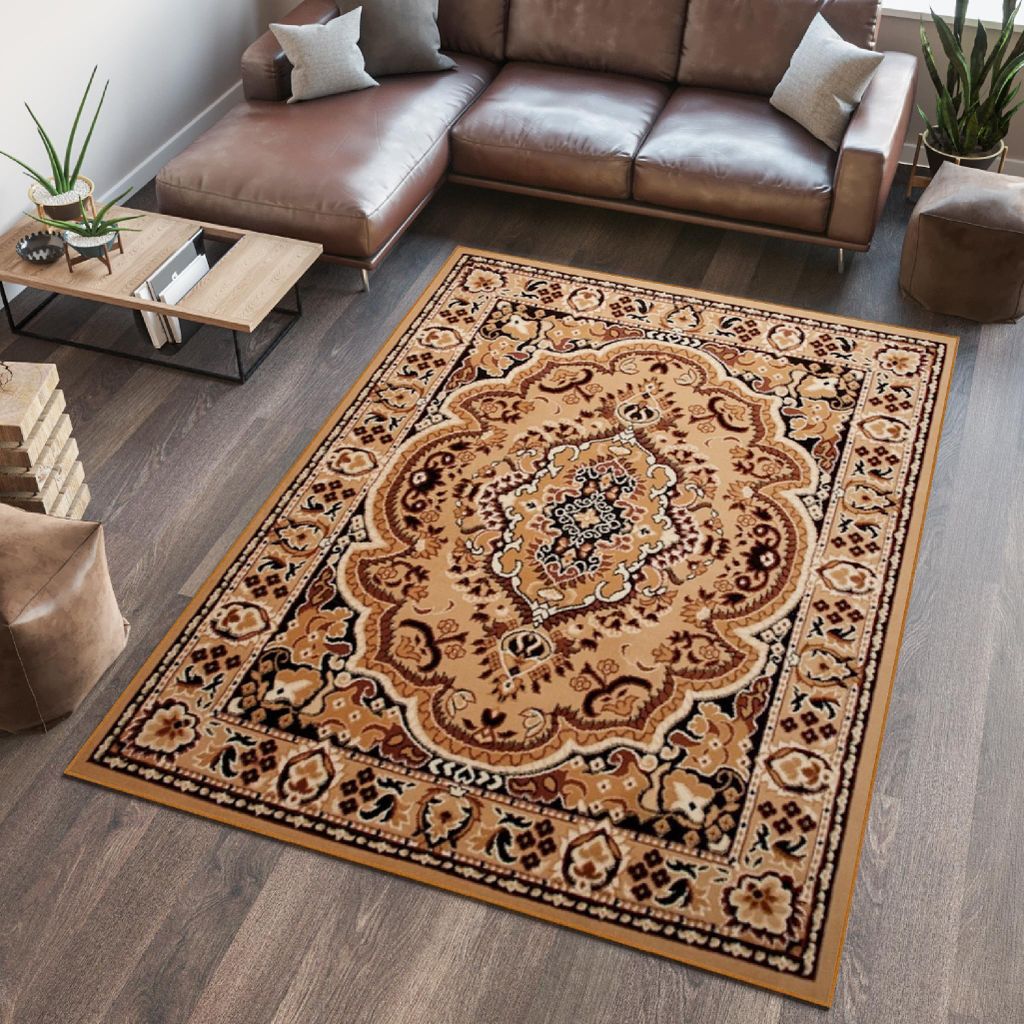 Tapiso Teppich ATLAS klassisch beige Wohnzimmer 200 x 400 cm