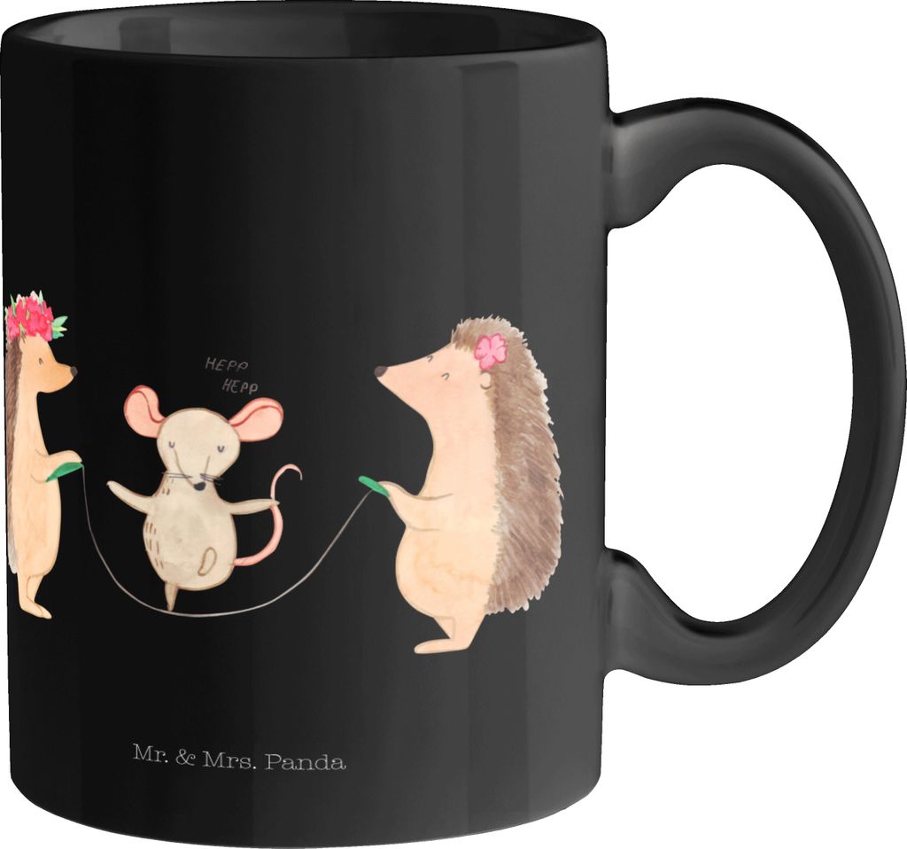 Mr. & Mrs. Panda Tasse Igel Seilhüpfen - Schwarz - Geschenk, Kindergarten, mit Spruch, Maus, Seilspringen, Kaffeebecher, Becher, Kinder, Kaffeetas...