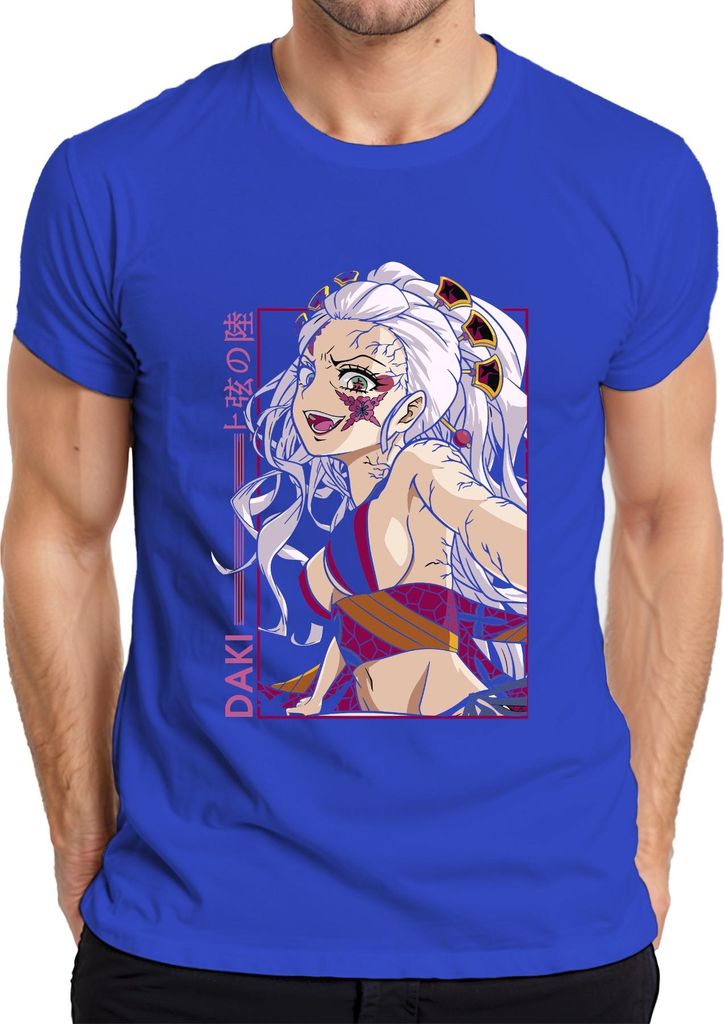 Daki Kimetsu no Yaiba Anime weisse Haare Rissige Haut Otaku Herren T-Shirt, Blau, L