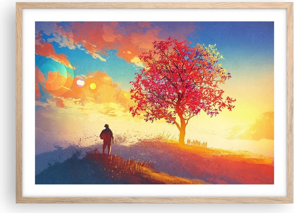 Gerahmtes Poster - Rahmen in heller Eiche - Baum Wiese Feld - 70x50 cm - Wand Bild - Wanddeko - Wandbilder - Kunstposter - Wandposter - Bilderrahme...