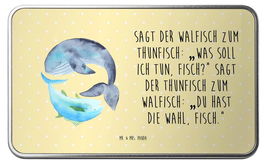 Mr. & Mrs. Panda Dose Walfisch Thunfisch - Gelb Pastell - Geschenk, Spruch Lustig, Blechdose, Des Tages, Kaffeedose, Metallbox, Wal, Lustige Sprüc...