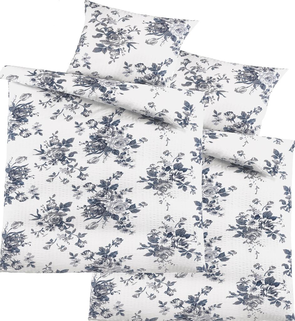 4-tlg. Seersucker Bettwäsche 2x (135x200 +80x80cm), weiß grau, Blüten, bügelfrei