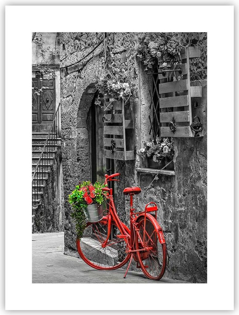 Poster - Poster ohne Rahmen - Rot Fahrrad Allee - 30x40 cm - Wand Bild - Wanddeko - Wandbilder - Kunstposter - Wandposter - Bilder - Kunstdruck - W...