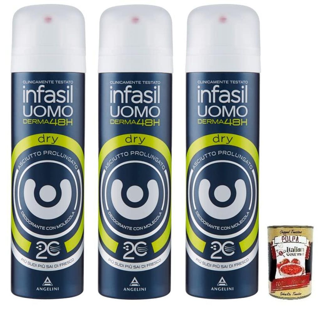 3x Infasil Uomo Derma48H Deodorante Deo Spray Dry,Trockenes Gefühl, Langanhaltend 150ml + Italian Gourmet Polpa di Pomodoro 400g Dose