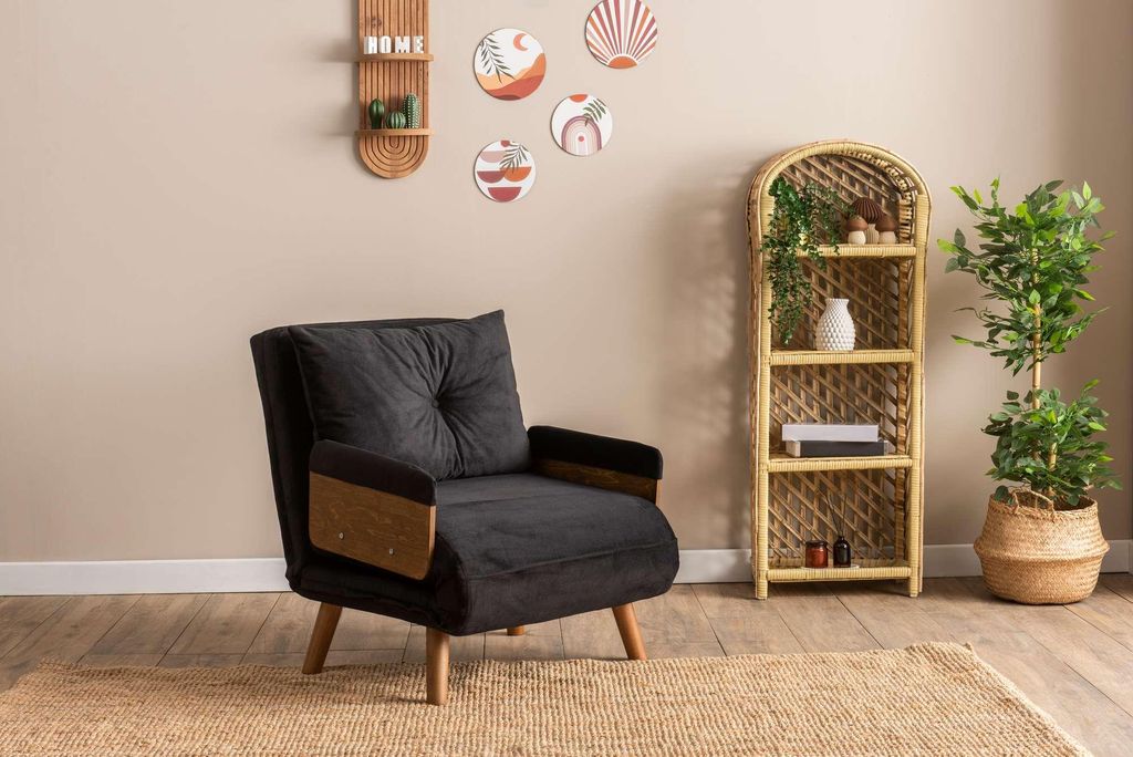 Hanah Home, Cosmo Single - Black, 1-Sitzer-Schlafsofa, Schwarz, 100% POLYESTER, 77 x 70 x 82 cm