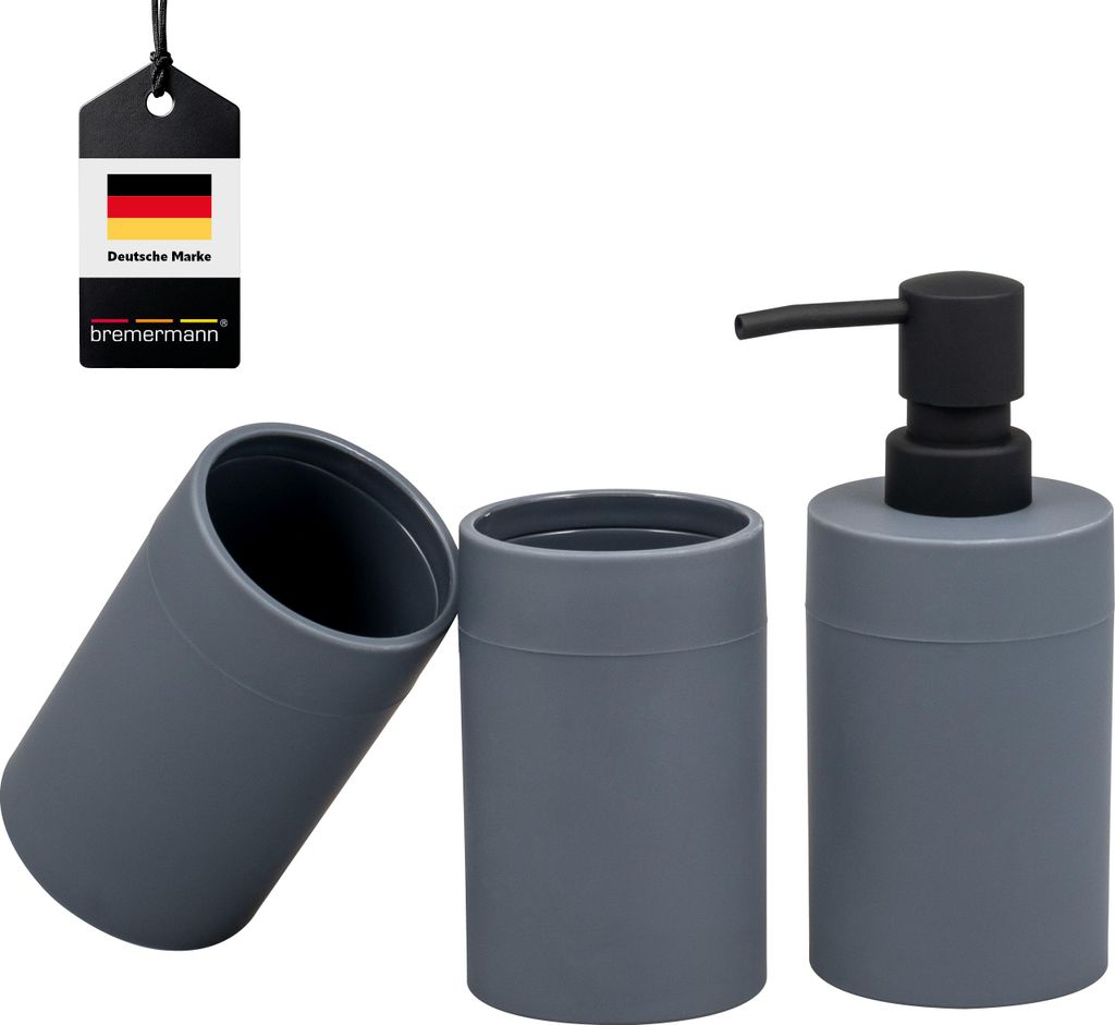 bremermann Bad-Accessoires Set SAVONA 3tlg. mit Soft-Touch Oberfläche, 1x Seifenspender, 2x Becher, Kunststoff grau