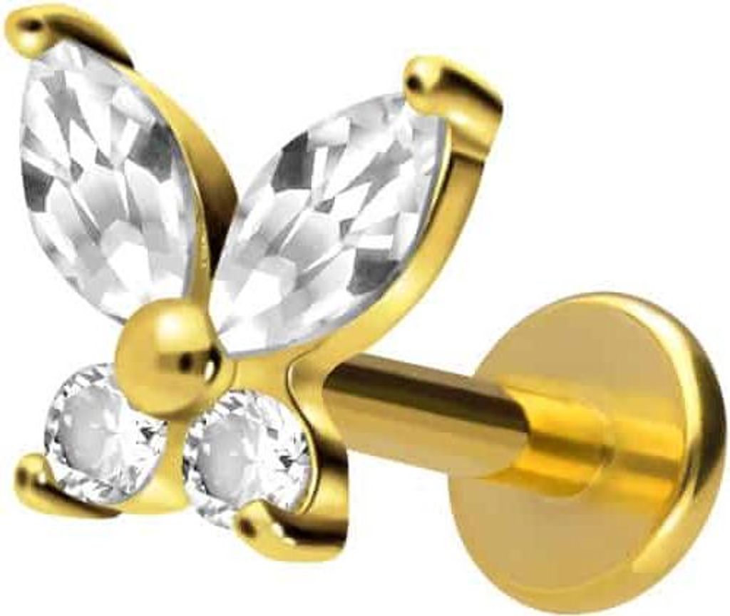 Ohrpiercing, Nasenpiercing Titan Labret mit Innengewinde KRISTALLSCHMETTERLING Gold Stablänge: 6mm | Stabstärke: 1,2mm