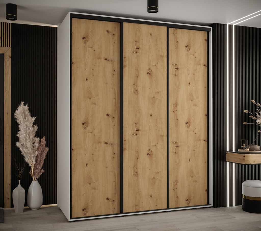 Kleiderschrank YVONA 1 – 190/60 cm, weiß/Eiche handwerklich/schwarz