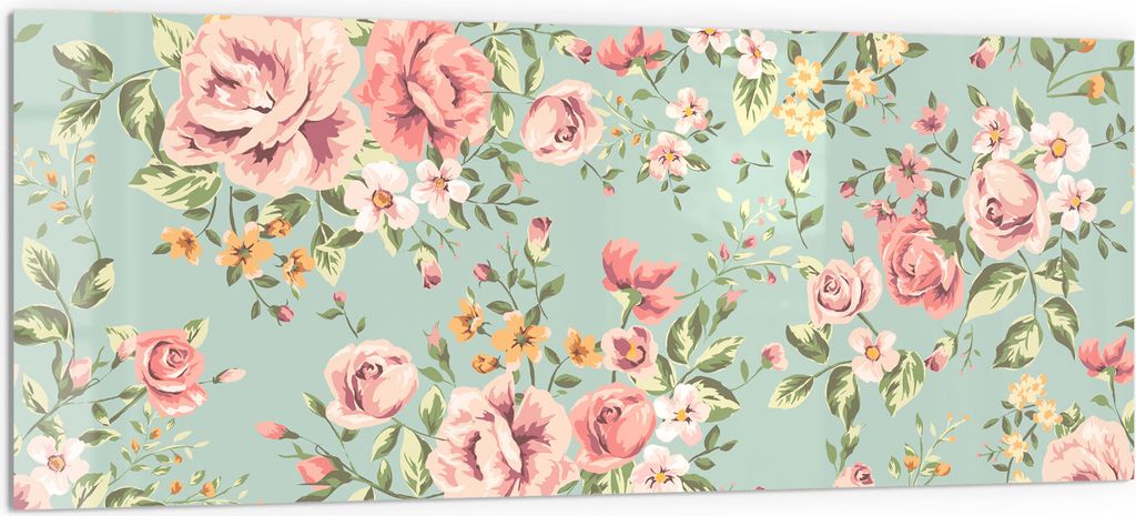 DEQORI Küchenrückwand Glas 125x50 cm 'Tapete mit Blumenmuster' Spritzschutz Bad Rückwand