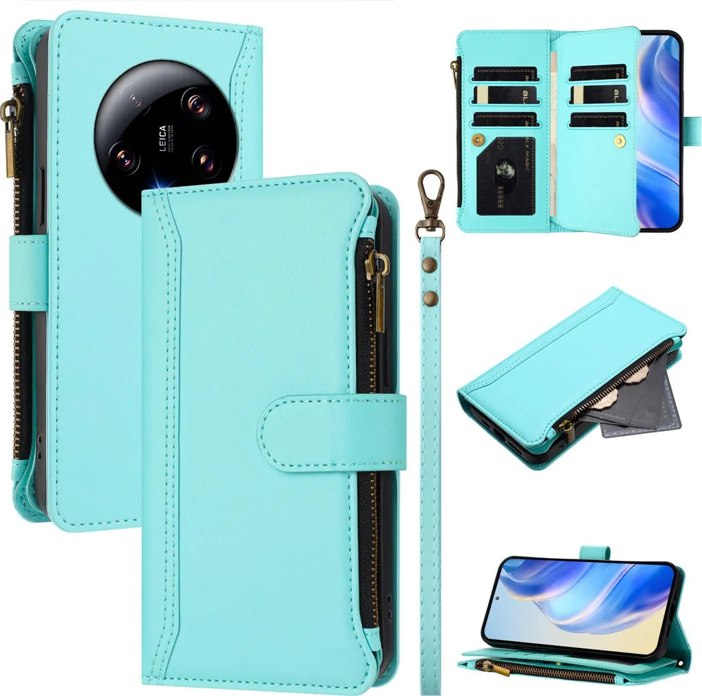 Custodia per Xiaomi 13 Ultra, con cerniera, portafoglio in Finto cuoio con tasche per carte, supporto e passante per la mano verde menta