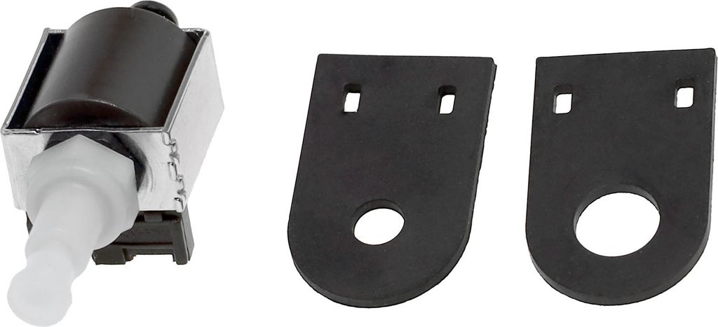 A product shot of a pump and two mounting brackets against a white background.