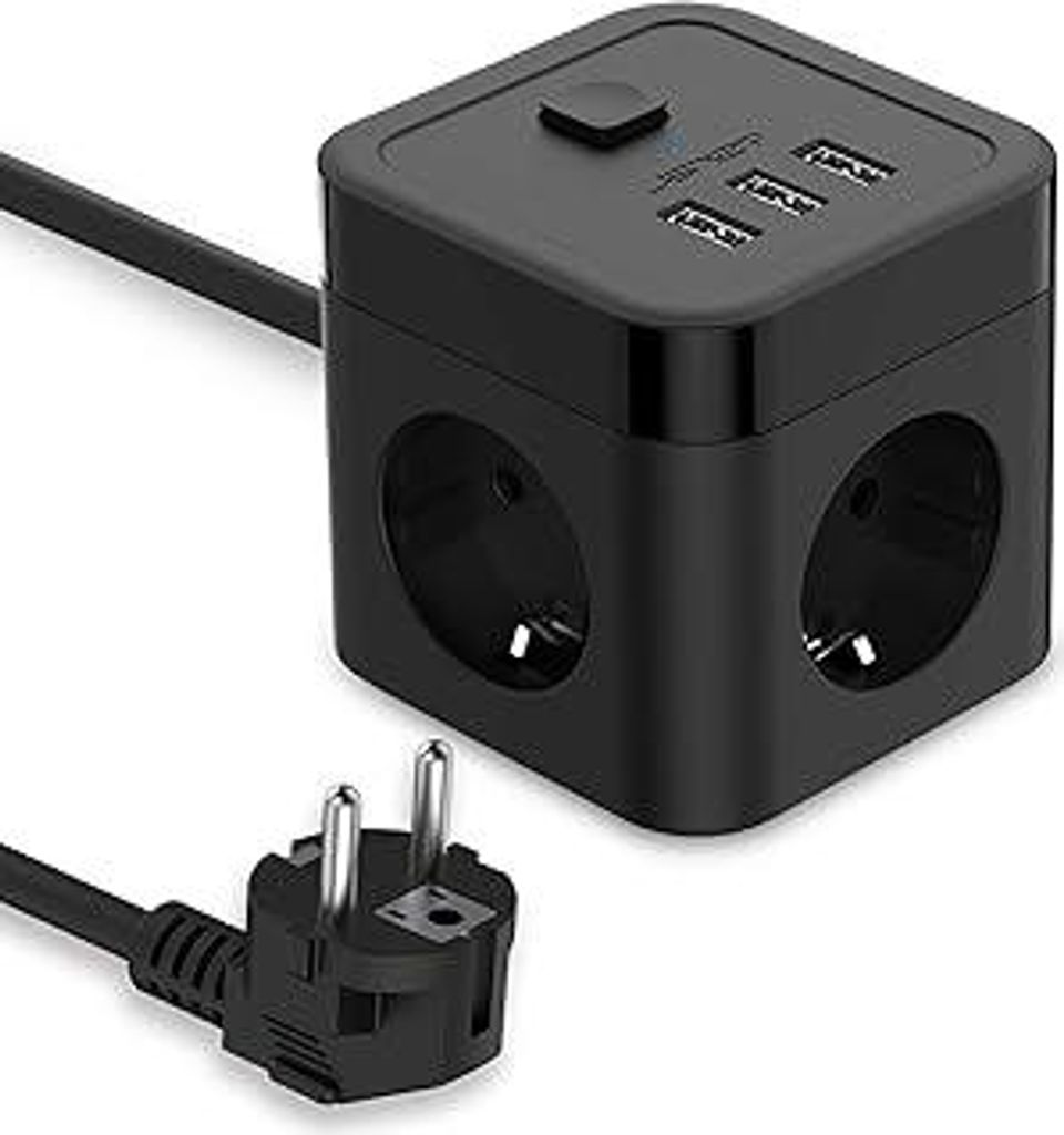 JSVER Steckdosenleiste Würfel USB Mehrfachsteckdose Cube 3 Fach mit 3 USB (15,5W) Steckdosen 3680W mit Schalter für Büro, zu Hause 1,5m Kabel-Sc...